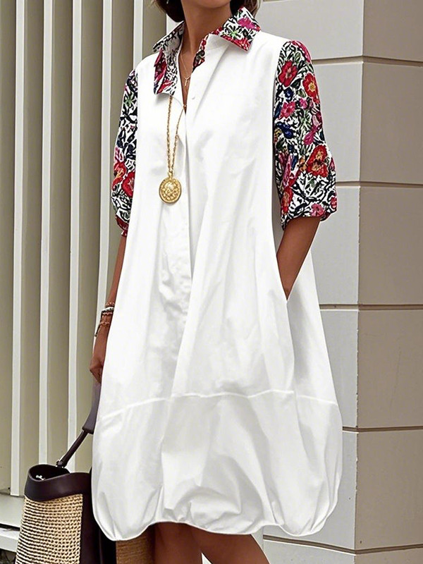 Printed Pockets Pleated Contrast Color Buttoned Loose Long Sleeves Lapel Midi Dresses