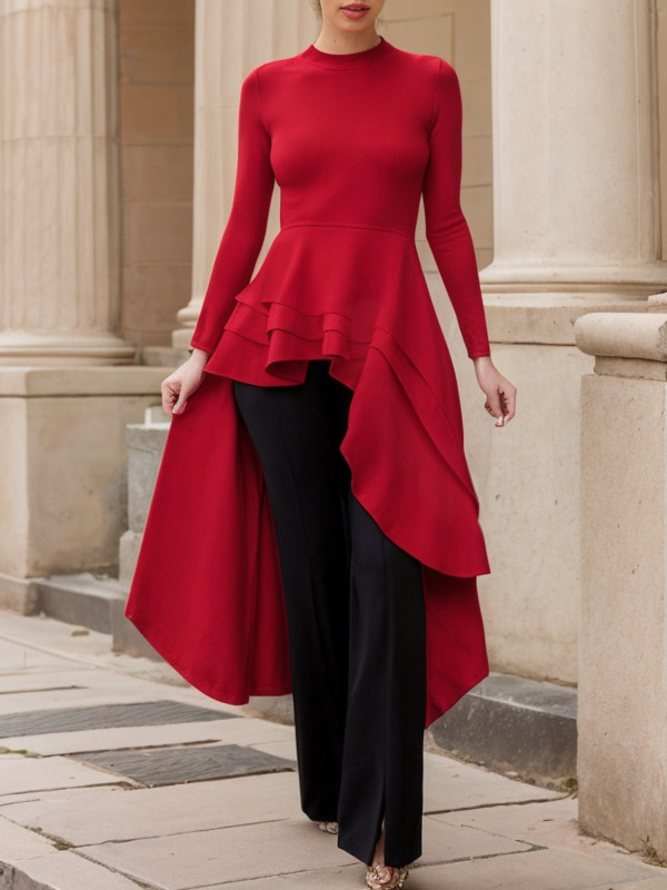 Solid Color No Belt Loose Long Sleeves Round-Neck T-Shirts Tops