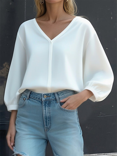 Solid Color Pleated Puff Sleeves Loose V-Neck Blouses&Shirts Tops