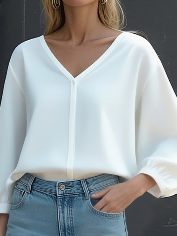 Solid Color Pleated Puff Sleeves Loose V-Neck Blouses&Shirts Tops