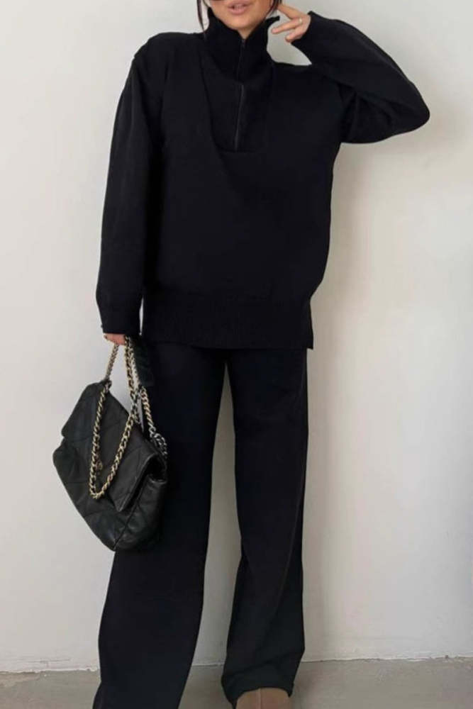 Casual Patchwork Zipper Turndown Collar Long Sleeve Two Pieces(4 Colors)