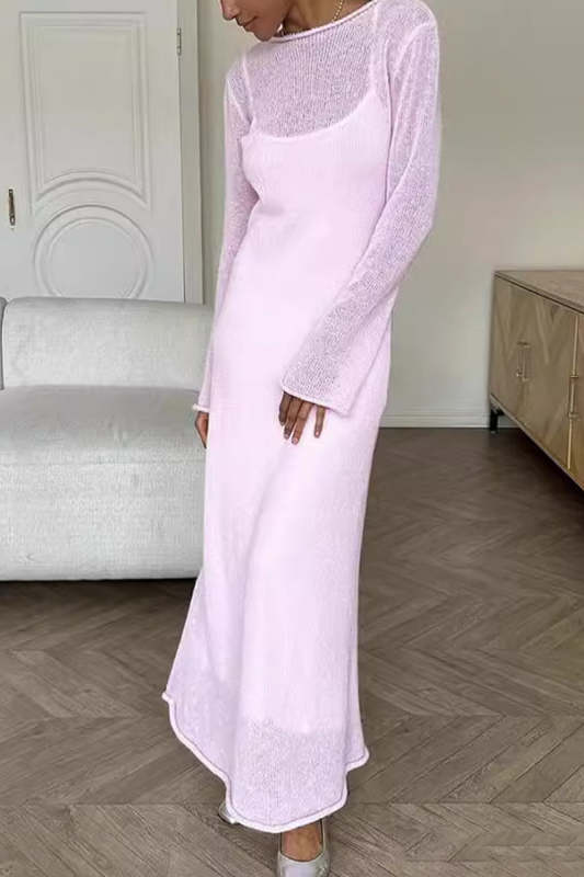 Casual Solid Hollowed Out O Neck Long Sleeve Two Pieces(3 Colors)