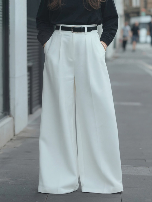 Solid Color Pockets No Belt Wide Leg Loose Trousers Pants