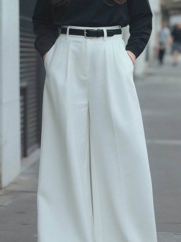 Solid Color Pockets No Belt Wide Leg Loose Trousers Pants