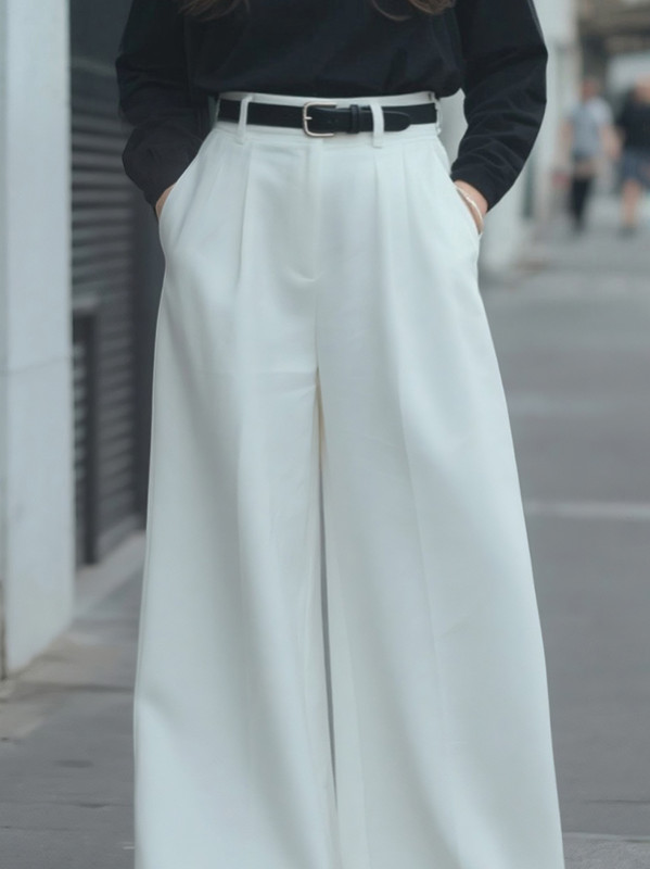 Solid Color Pockets No Belt Wide Leg Loose Trousers Pants