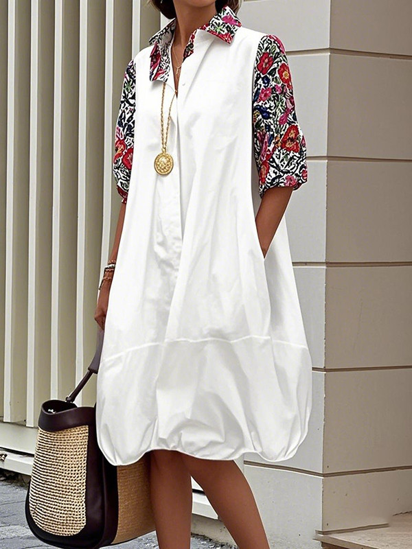 Printed Pockets Pleated Contrast Color Buttoned Loose Long Sleeves Lapel Midi Dresses