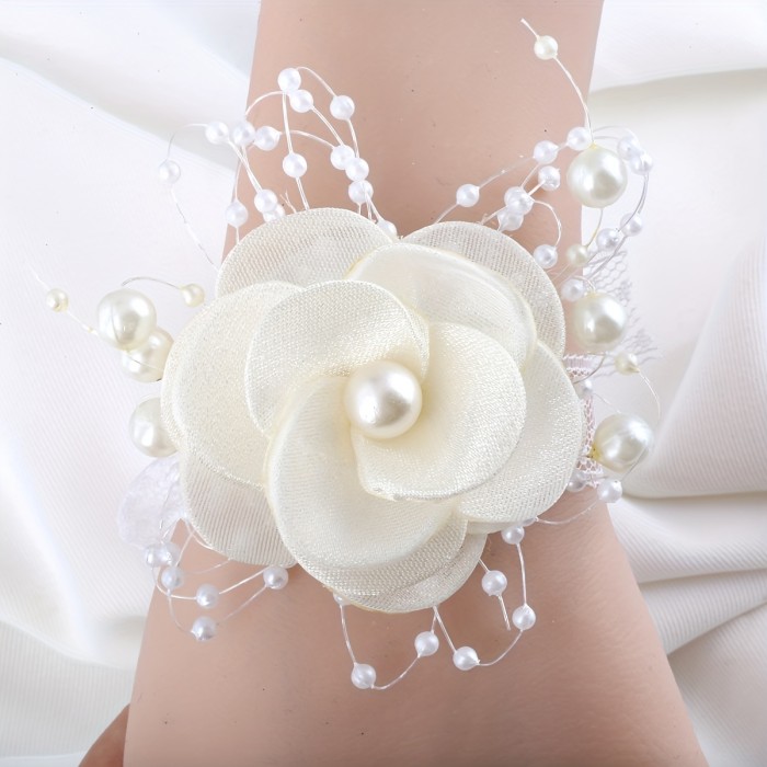 Elegant Romantic White Rose & Embellished Wrist Corsage