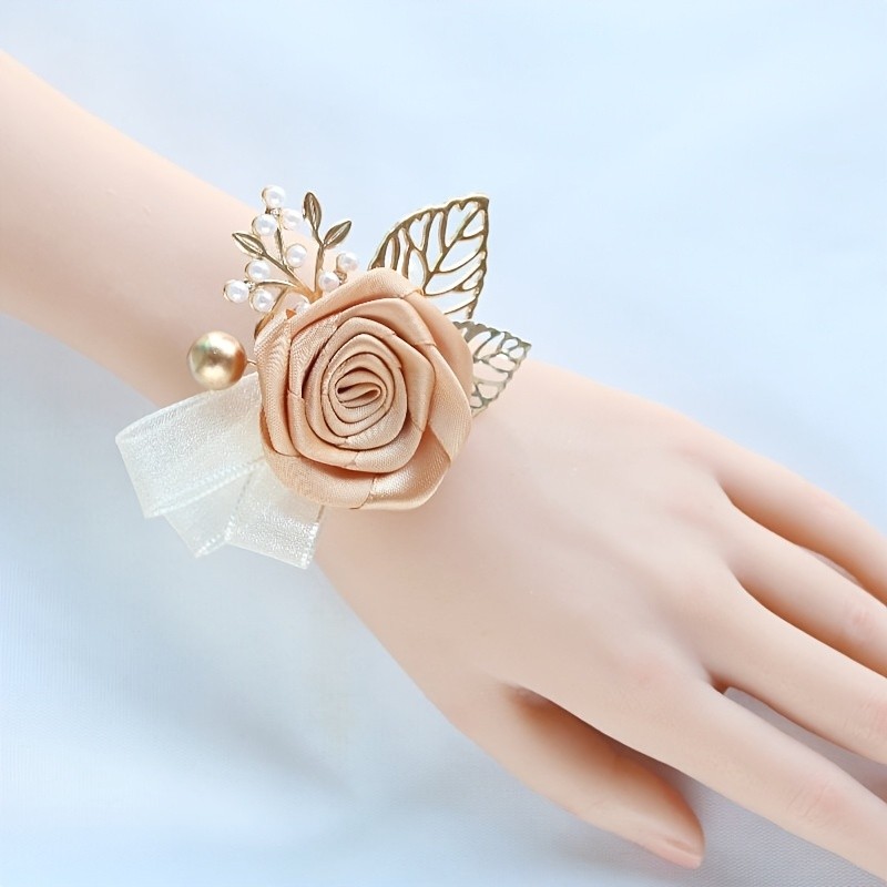 Elegant Champagne Bridal Wrist Corsage with Golden Leaf & Accents