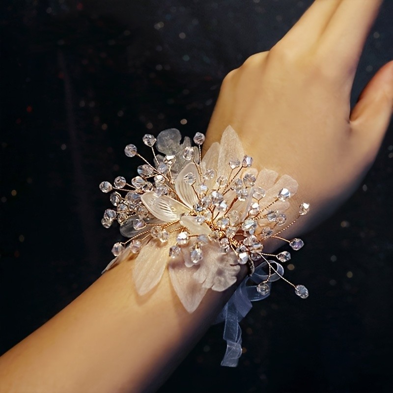 Bridal Wrist Flower Wedding Bracelet - Sheer Tulle with Bead Accents, Elegant Bridal & Bridesmaid Jewelry for Wedding Party, Formal Events, Dinner Decorations