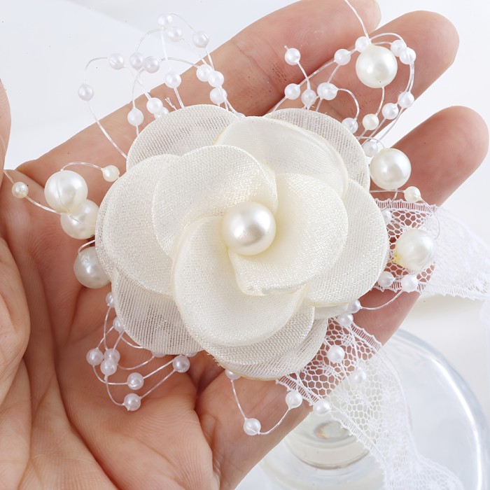 Elegant Romantic White Rose & Embellished Wrist Corsage