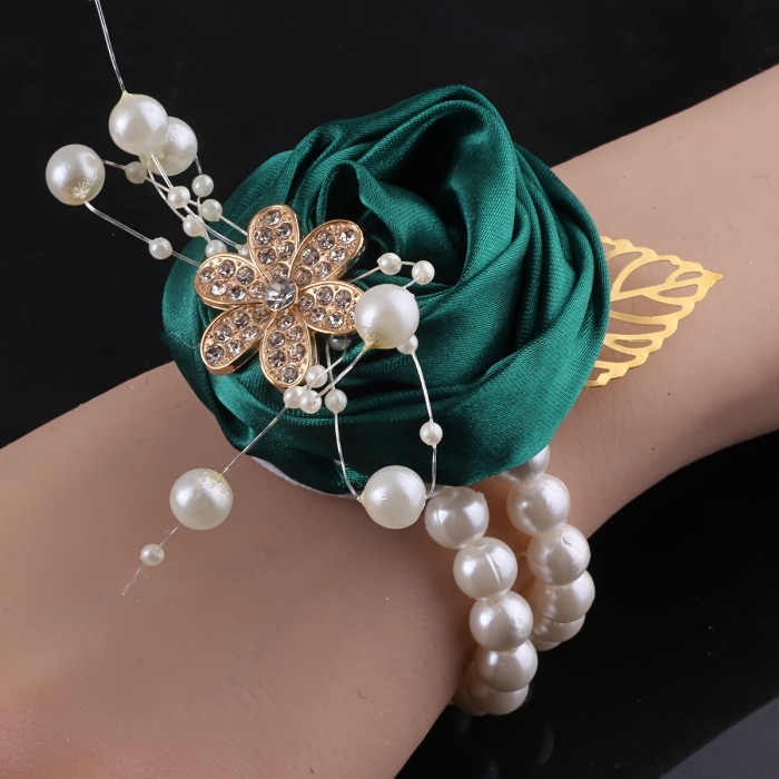 Rose Roll Wrist Flower Corsage Golden Leaf Bridal Bridesmaid Wrist Flower Wedding Party Bridesmaid Sisterhood Hand Flower