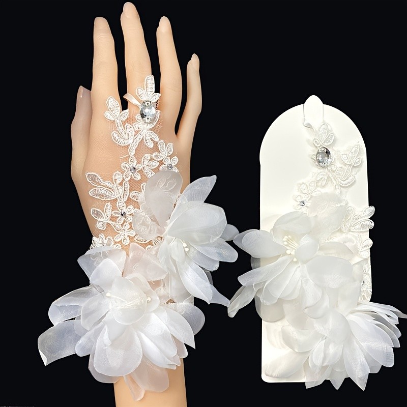 Elegant Bridal Lace Wedding Gloves with Floral Hollow-Out Design and Jeweled Accents