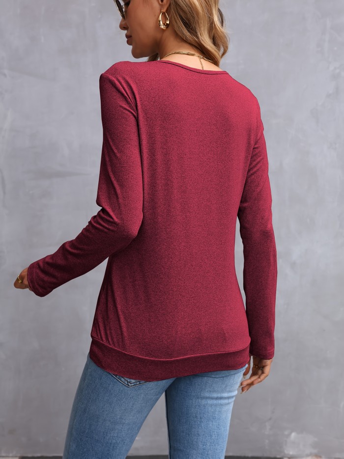 Women'S Elegant Long Sleeve Solid Color V-Neck T-Shirt
