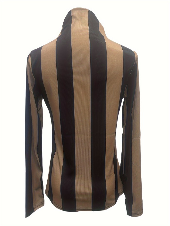 Chic Striped Geometric Knit Long Sleeve High Neck Casual Slim Fit T-Shirt
