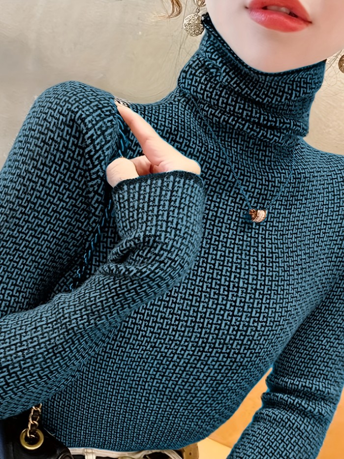 Elegant High Neck Pullover Geometric Pattern Knit Long Sleeve Sweater for Women