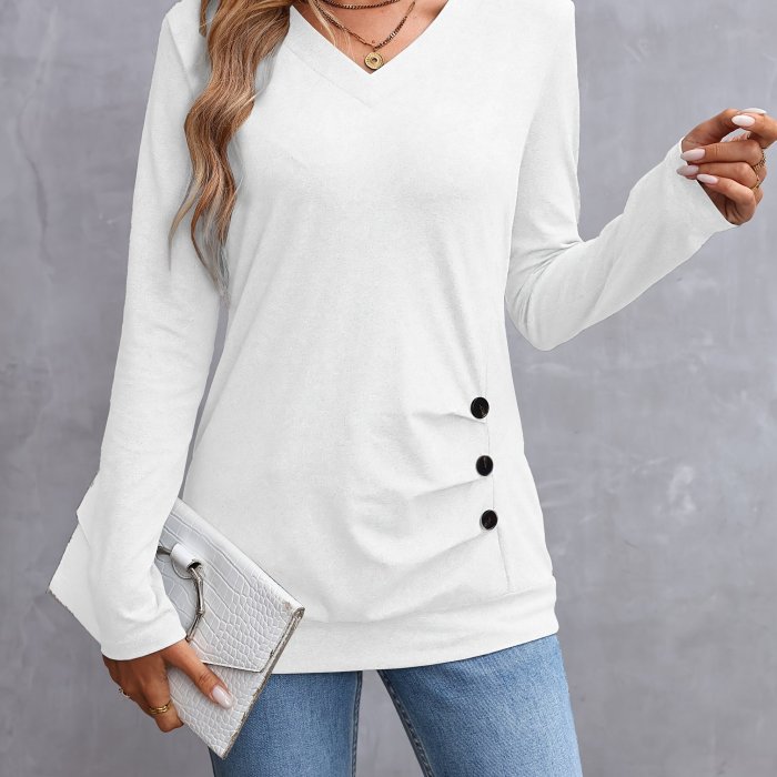 Women'S Elegant Long Sleeve Solid Color V-Neck T-Shirt