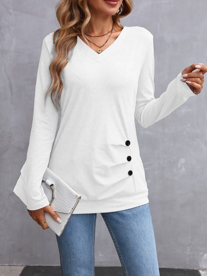 Women'S Elegant Long Sleeve Solid Color V-Neck T-Shirt