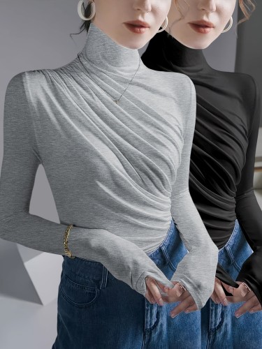 Women'S Solid Color Pleated High Neck Long Sleeve Pullover T-Shirt Two-Piece Set