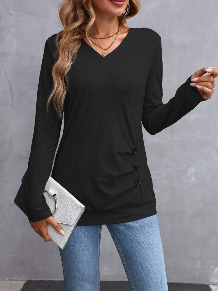 Women'S Elegant Long Sleeve Solid Color V-Neck T-Shirt