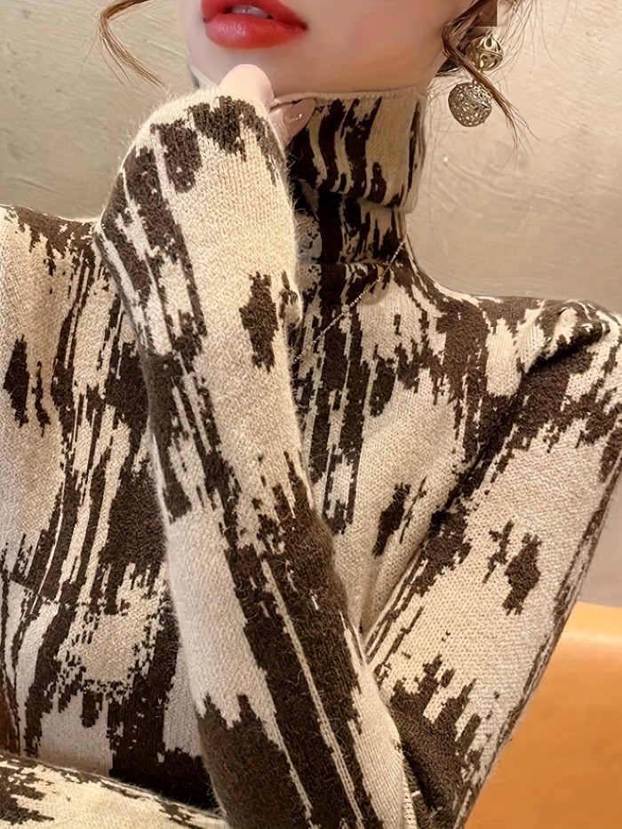 Women's High Neck Turtleneck Geometric Pattern Elegant Top
