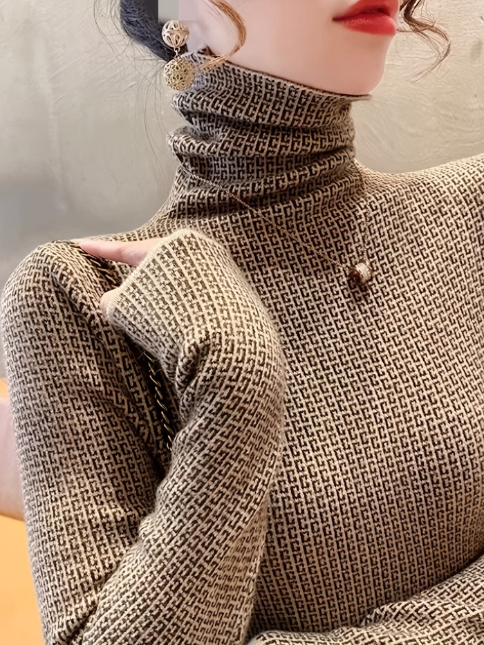 Elegant High Neck Pullover Geometric Pattern Knit Long Sleeve Sweater for Women