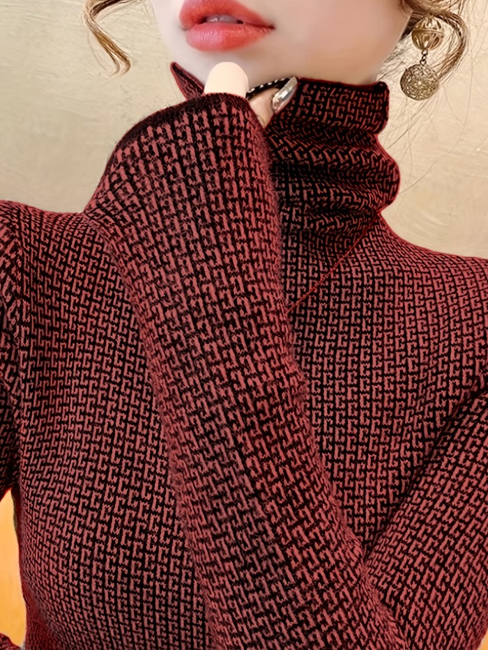 Elegant High Neck Pullover Geometric Pattern Knit Long Sleeve Sweater for Women
