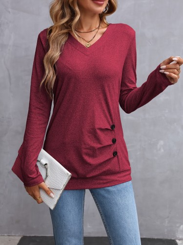 Women'S Elegant Long Sleeve Solid Color V-Neck T-Shirt