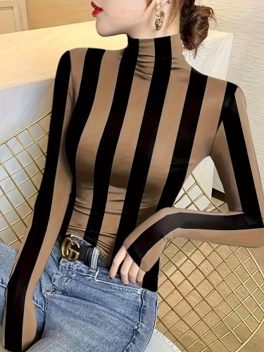 Chic Striped Geometric Knit Long Sleeve High Neck Casual Slim Fit T-Shirt