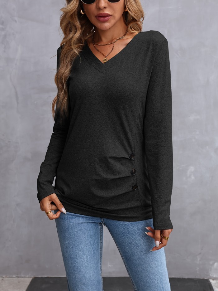 Women'S Elegant Long Sleeve Solid Color V-Neck T-Shirt