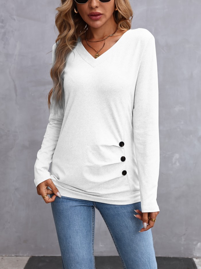 Women'S Elegant Long Sleeve Solid Color V-Neck T-Shirt