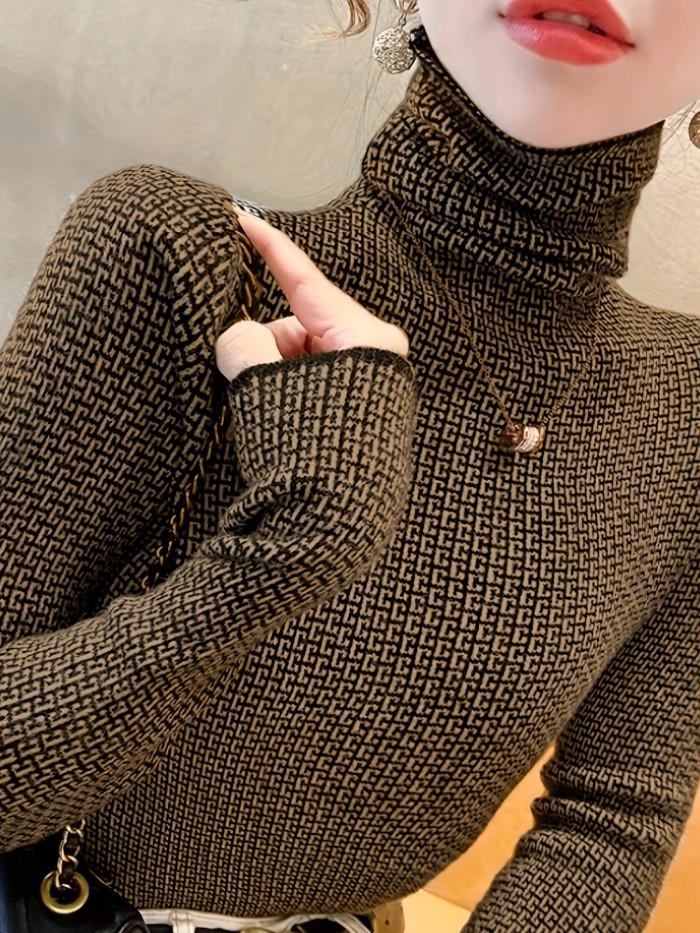 Elegant High Neck Pullover Geometric Pattern Knit Long Sleeve Sweater for Women