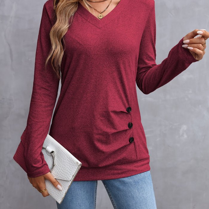 Women'S Elegant Long Sleeve Solid Color V-Neck T-Shirt