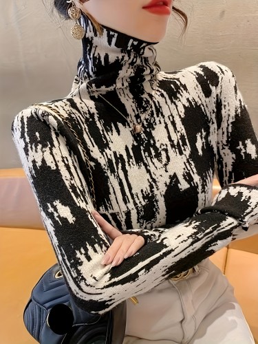 Women's High Neck Turtleneck Geometric Pattern Elegant Top