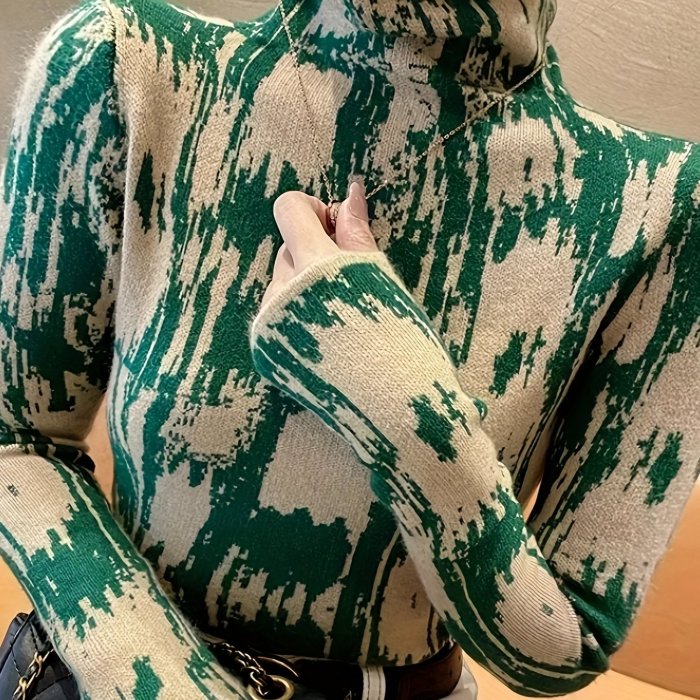 Women's High Neck Turtleneck Geometric Pattern Elegant Top