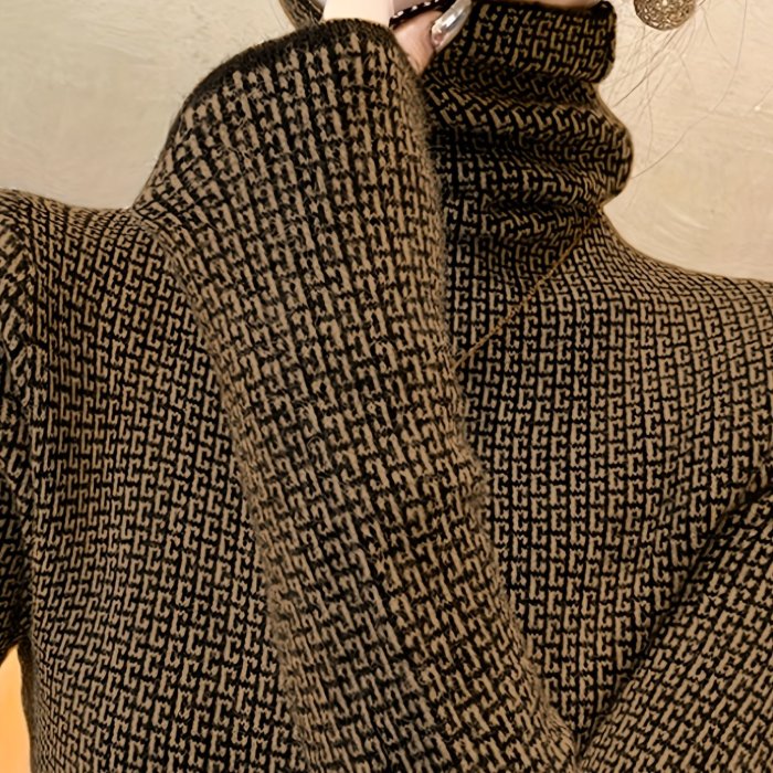 Elegant High Neck Pullover Geometric Pattern Knit Long Sleeve Sweater for Women