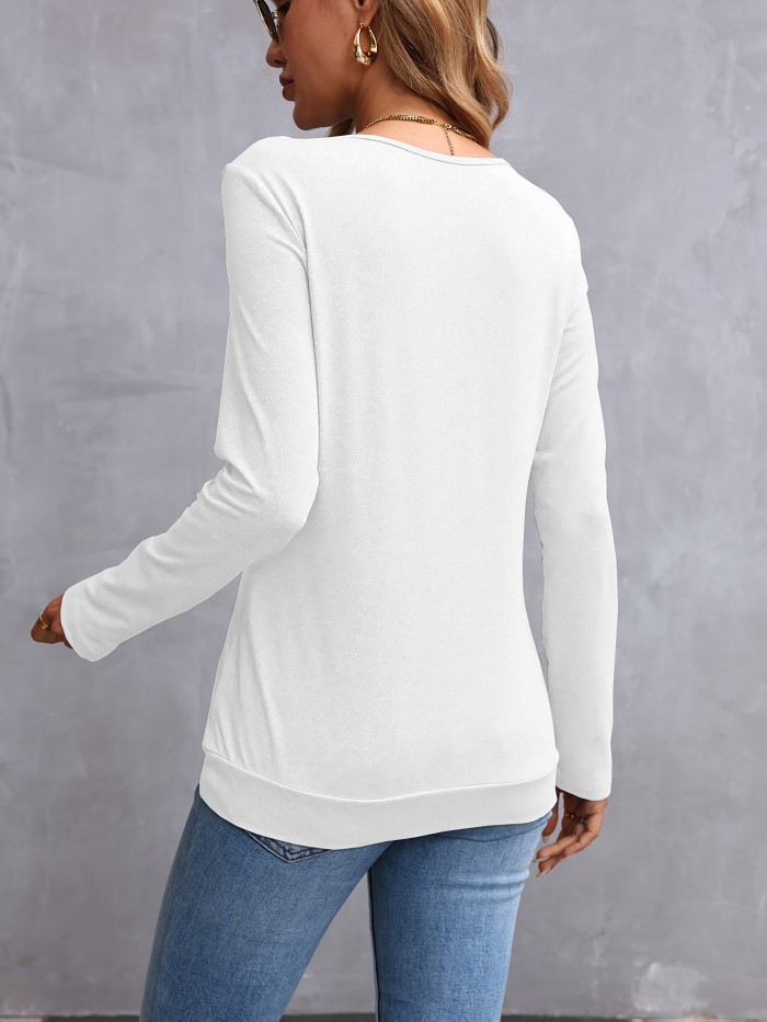 Women'S Elegant Long Sleeve Solid Color V-Neck T-Shirt
