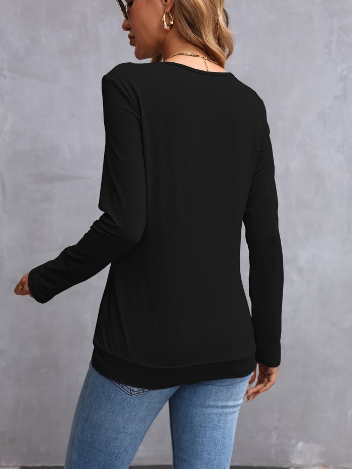 Women'S Elegant Long Sleeve Solid Color V-Neck T-Shirt