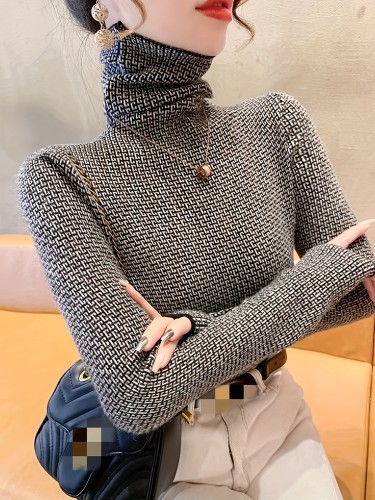 Elegant High Neck Pullover Geometric Pattern Knit Long Sleeve Sweater for Women