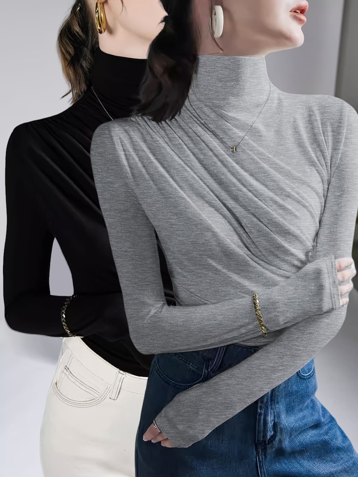 Women'S Solid Color Pleated High Neck Long Sleeve Pullover T-Shirt Two-Piece Set