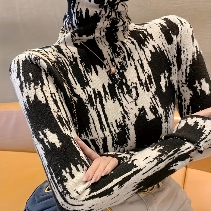 Women's High Neck Turtleneck Geometric Pattern Elegant Top