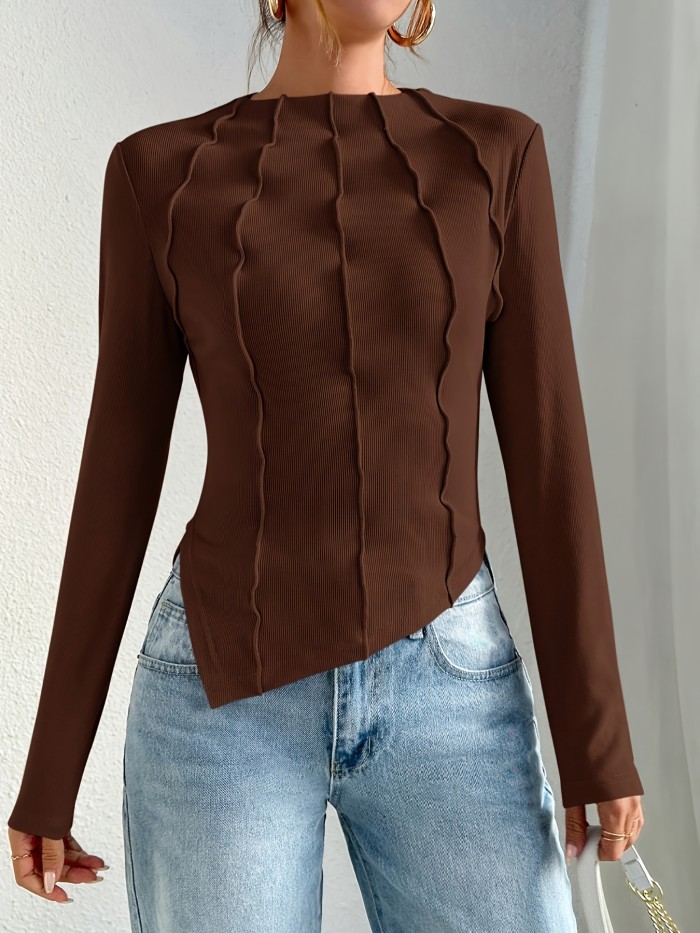 Women'S Casual Top Long Sleeve Ribbed T-Shirt