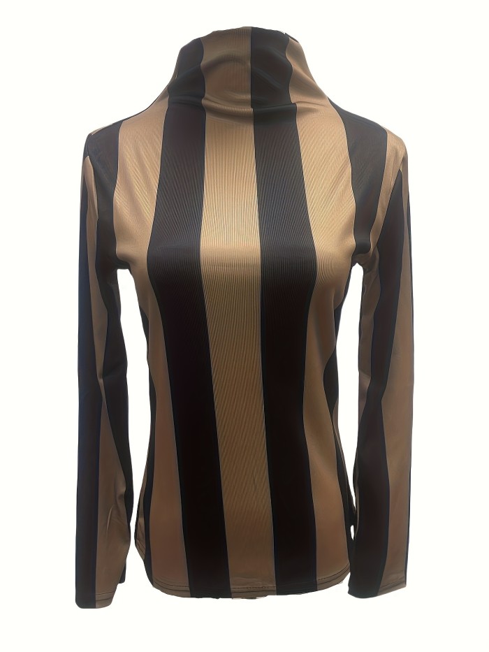 Chic Striped Geometric Knit Long Sleeve High Neck Casual Slim Fit T-Shirt