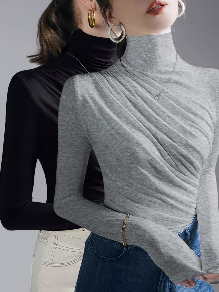 Women'S Solid Color Pleated High Neck Long Sleeve Pullover T-Shirt Two-Piece Set