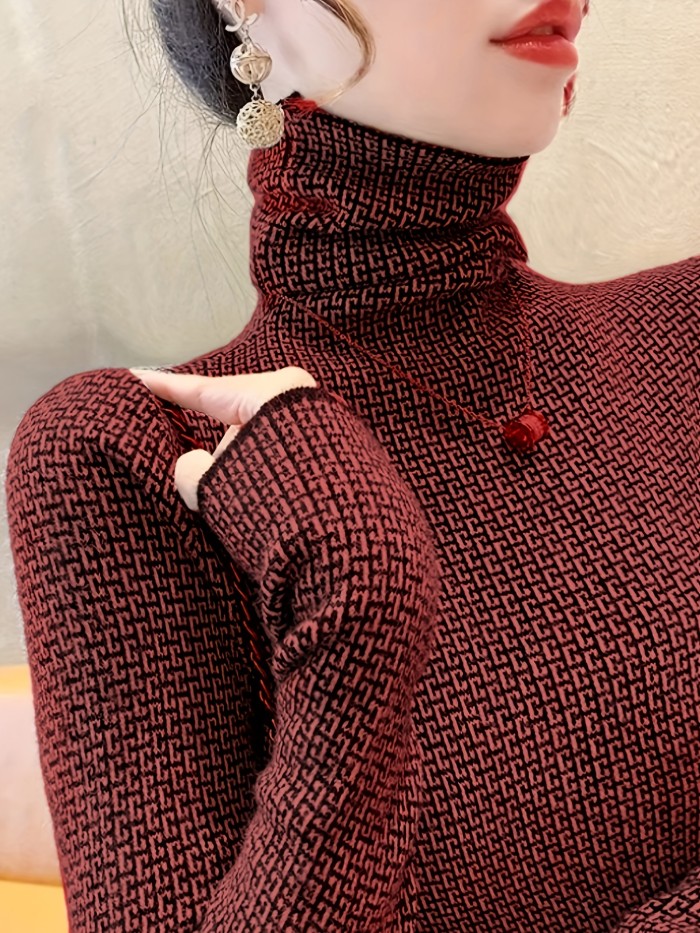 Elegant High Neck Pullover Geometric Pattern Knit Long Sleeve Sweater for Women