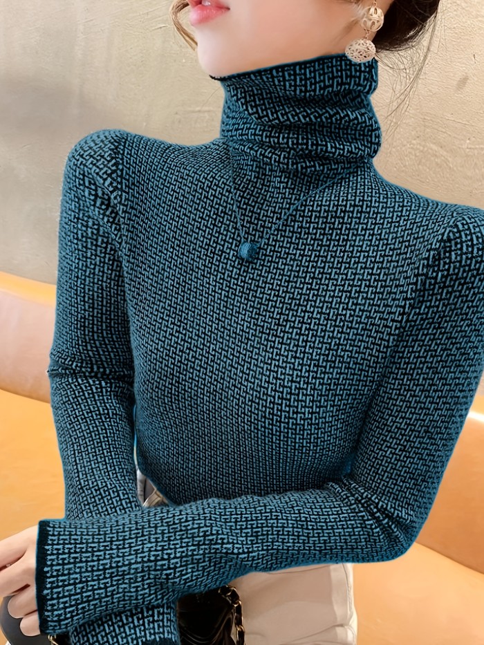 Elegant High Neck Pullover Geometric Pattern Knit Long Sleeve Sweater for Women