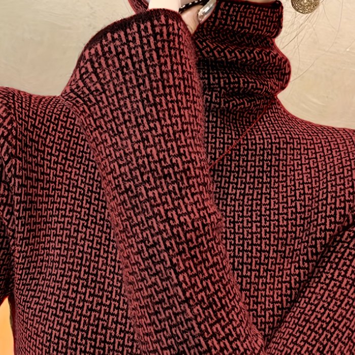 Elegant High Neck Pullover Geometric Pattern Knit Long Sleeve Sweater for Women