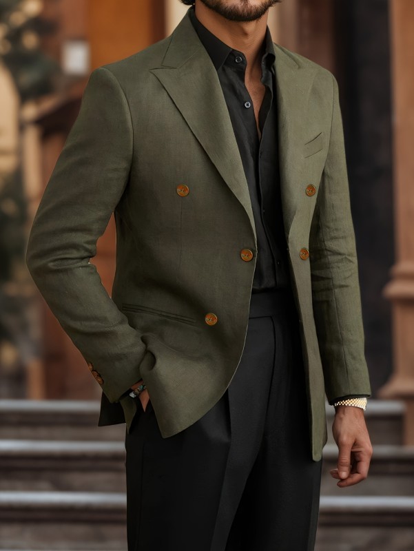 Men's Casual Olive Green Double-Breasted Buttons Blazer Jacket