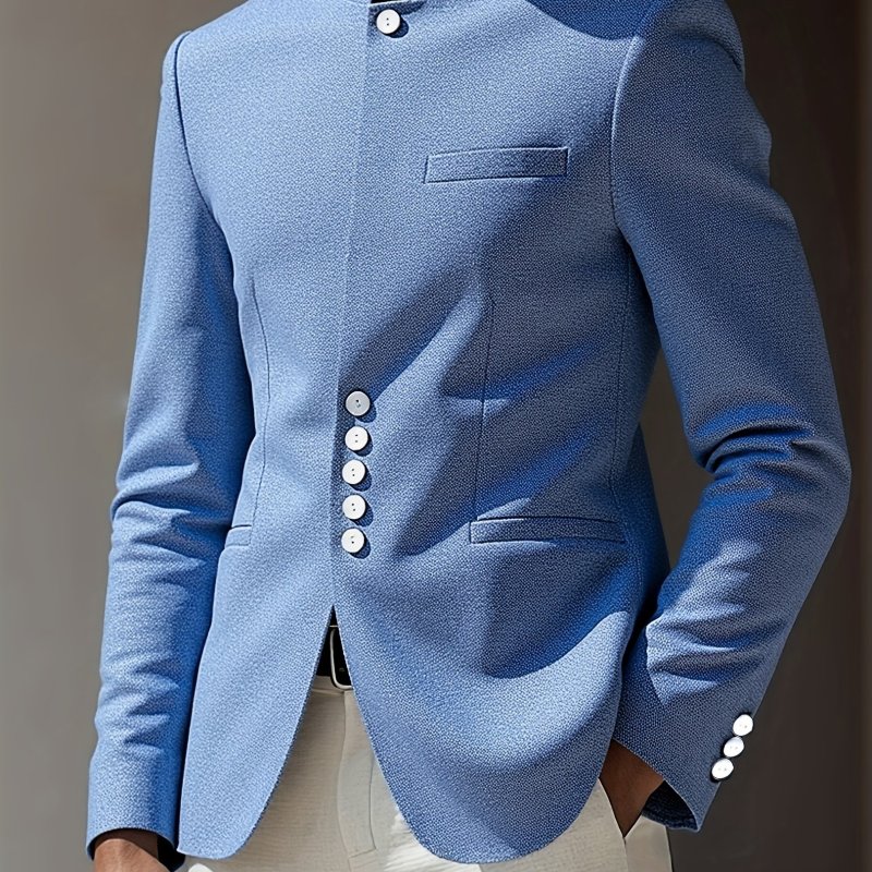 Men's Light Blue Retro Style Blazer - Single Breasted Business & Formal Jacket with Flap Pockets, Long Sleeve Polyester Blend for All Seasons, Business Attire | Elegant Menswear | Notch Lapel Collar
