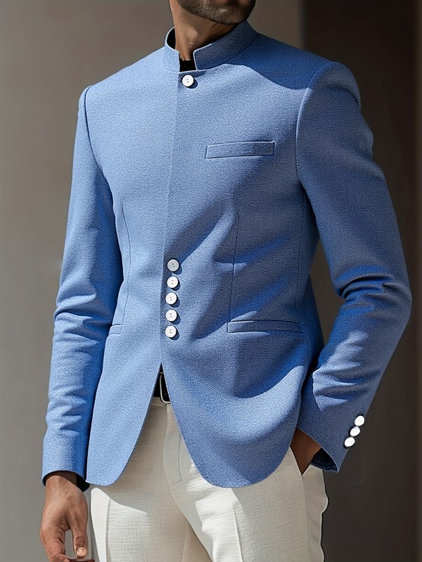 Men's Light Blue Retro Style Blazer - Single Breasted Business & Formal Jacket with Flap Pockets, Long Sleeve Polyester Blend for All Seasons, Business Attire | Elegant Menswear | Notch Lapel Collar