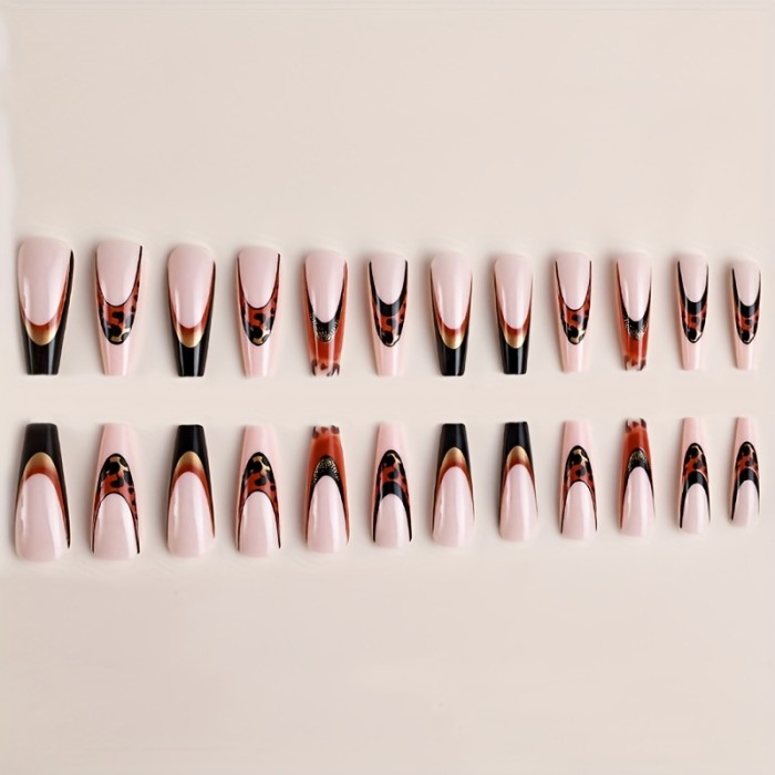 24pcs French Leopard Print Long Ballet Nail Press-On Nails
